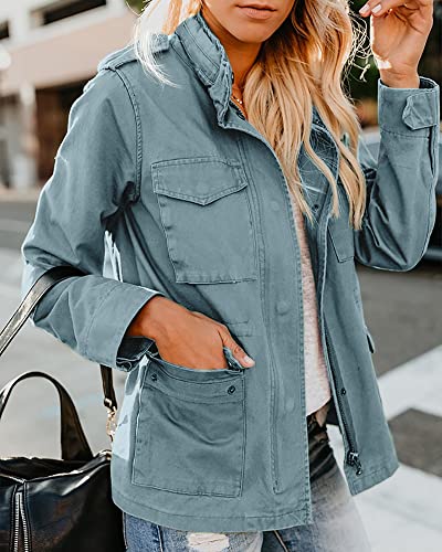 Soulomelody Womens Military Anorak Jacket Zip Up Snap Button Parka Safari Utility Coat Outwear with Pockets2