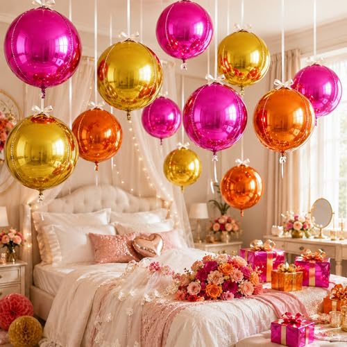 Image of 9 Pcs Pink Orange Gold Round Foil Balloons 22 In Metallic Hot Pink Gold Orange Chrome 4D Ball Balloon Mylar for Tropical Fiesta Summer Birthday Baby Shower Anniversary Sunset Disco Party Decor