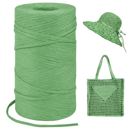 Image of Dark Green Raffia Yarn for Crochet Bags, 3mm x 328 Yards Flat String Raffia Ribbon for Gift Wrapping, Raffia Paper Ribbon Yarn for Crocheting Sun Hat, Bag, DIY Crafts, Holiday Decoration