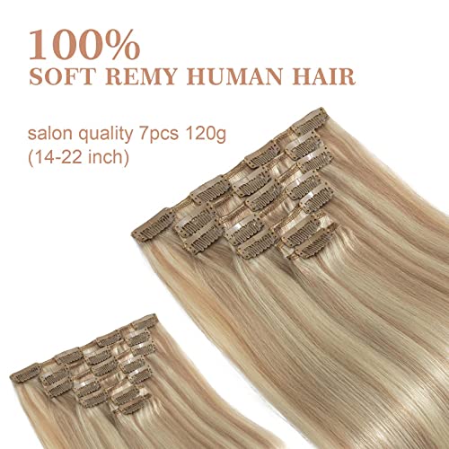 Image of S-noilite Hair Extensions Clip in Human Hair 20 Inch Light Blonde Highlighted Golden Blonde Double Weft Thick Silky Straight Seamless Remy Hair Clip ins for Women 7PCS 120g-#(P16 /22)