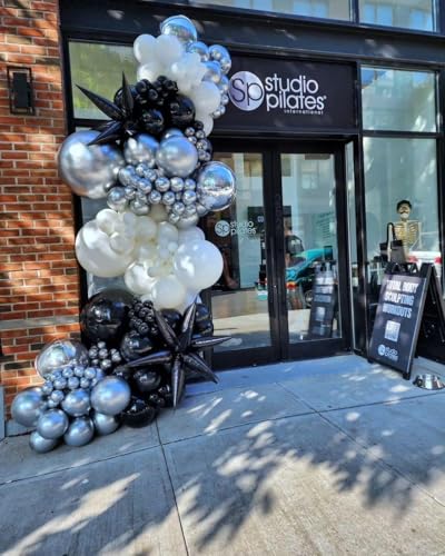 Image of 153Pcs Black and Silver White Balloon Garland Arch Kit with Stars, 22 18 12 10 5 inch Disco Ball Balloons Black White Metallic Silver Confetti Balloon for Birthday Graduation Party Decorations