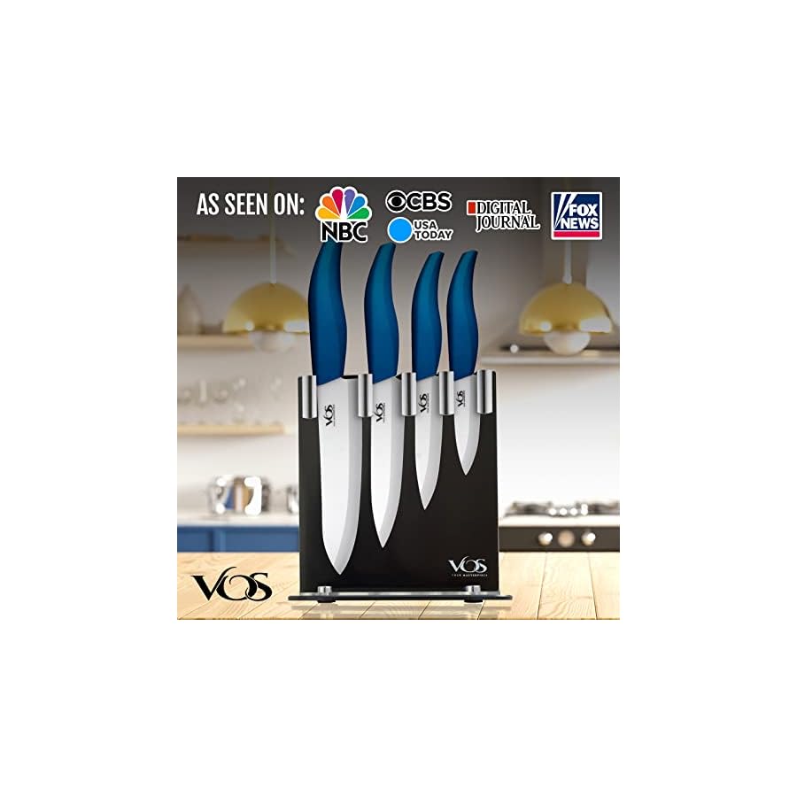 Vos Ceramic Knife Set With Block, Ceramic Knives Set For Kitchen, Ceramic Kitchen Knives With Holder, Ceramic Paring Knife 3", 4", 5", 6" Inch Blue