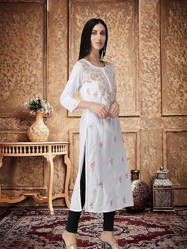 Image of Seva Chikan Hand Embroidered Lucknowi Chikankari Regular Straight Cotton Kurta Kurti for Women SCL4243