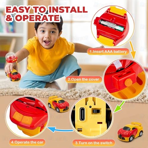Image of Kidology 2-in-1 RC Watch Mini Car for Kids 4+ Years | Wear & Race Remote Control Car Toy | One-Click Launch with 2.4G Control & LED Lights | USB Rechargeable Wrist RC Car | Gift for Boys & Girls