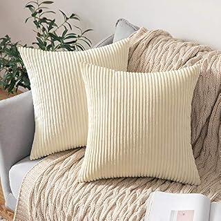 MIULEE Set of 2 Striped Corduroy Square Throw Pillow Case Soft Cushion Cover Sham Home for Sofa Chair Couch/Bedroom Decorative Fluffy Large Pillowcases 18x18 Inch 45x45cm Cream White