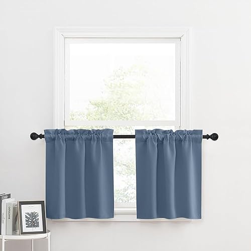 NICETOWN Cenefas de cortina azul piedra para ventana de cocina, cortinas opacas pequeñas para armario, armario de granja, cortinas cortas con