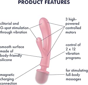 Satisfyer, vibrador, 2 en 1, 'Triple Lover', 24 cm, 3 motores controlables por separado, resistente al agua (IPX7), modo susurro, silicona respetuosa con el cuerpo, color:rosado