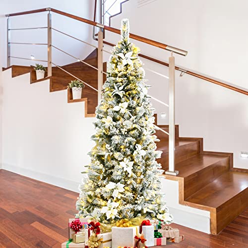 Goplus 7Ft Artificial White Christmas Tree, Pre-Lit Snow Flocked Pencil Xmas Tree W/ 627 Tips, 350 Led Lights, 100% New Pe & Pvc, Pre-Decorated Ornaments, Fake Snow Pine Tree For Home, Office #TOP5