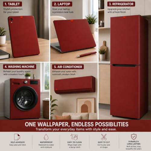 Image of WISDOM Garnet Red Self-Adhesive Wallpaper Matte Waterproof Peel and Stick Vinyl Sticker for Kitchen Cabinets, Wardrobes, Tables, Shelves & Home Decor (20X48 in)