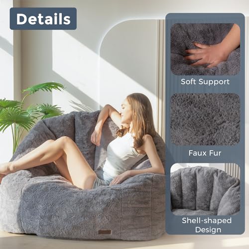 Image of MAXYOYO Giant Bean Bag Chair, Oversized Bean Bag Couch for Adults and Kids, Faux Fur Shell-Shaped Large Chair with Filler, Stuffed Big Accent Sofa Lounge Floor Sofa for Reading, Dark Grey, Standard