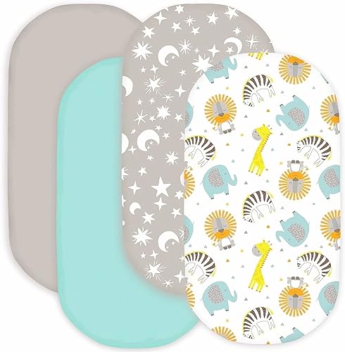 Image of bimocosy Bassinet Sheet, 4 Pack Bassinet Sheets for Baby Boys Girls, Soft Baby Bassinet Fitted Sheets Neutral for Standard Bassinet Mattress, Size 32 x 16 x 4 Inches, Stars/Woodland Animals/Grey/Green