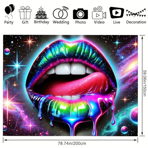 Image of BlissYard Blacklight Tapestry UV Reactive Tapestry Wall Hanging 78x59 Inches Cosmic Rainbow Lips Wall Hanging, Fluorescent Art Decoration for Bedroom, Living Room, and Parties