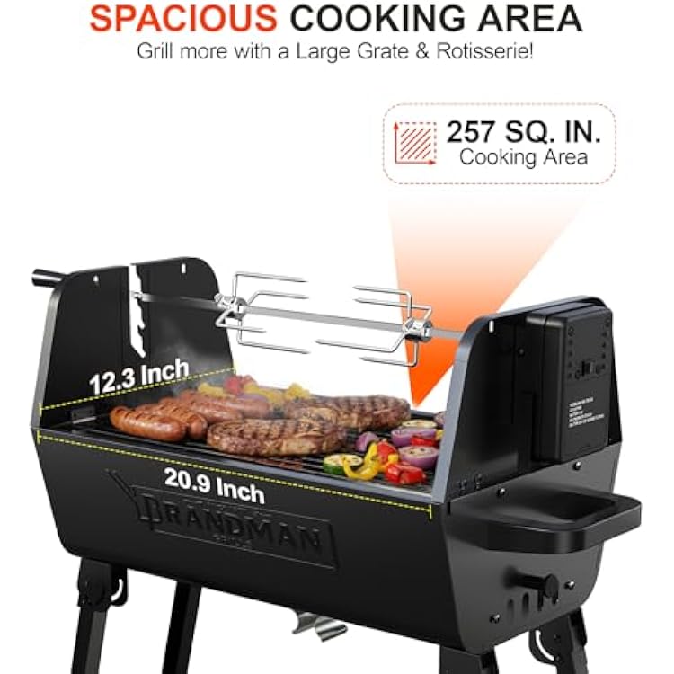 BRANDMAN GRILLS SINCE 1987 Rotisserie Grill Charcoal BBQ Grill 2-in-1 Portable Foldable Outdoor Grill 257 sq.in. Charcoal Spit Rotisserie Grill for Whole Chicken Steaks Burger Camping Picnic Gathering