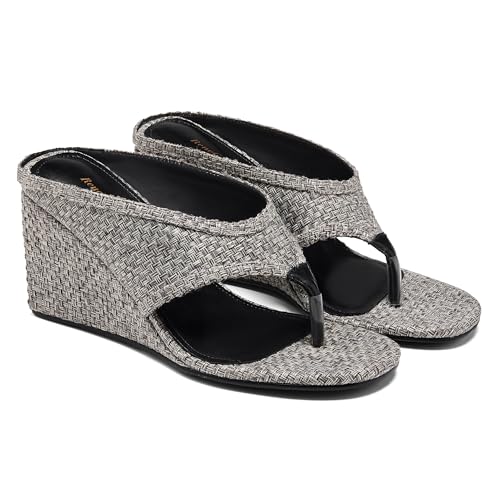 Image of Women's Wedges Heeled Slippers Fabric Heels Slip on Comfy Evening Dress Woven Sandals Square Toe Shoes for Women 3.3 inch Heels