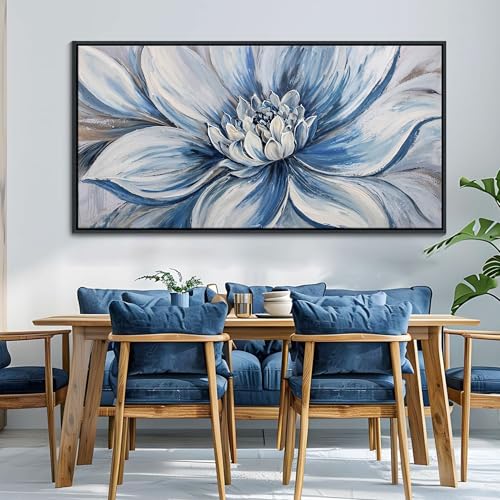 Image of Pogusmavi Blue Floral Wall Art for Living Room - Large Textured Flower Pictures for Bedroom - Canvas Paintings, Extra Large Blue and White Wall Decor Dining Room Artwork for Walls 29x58IN