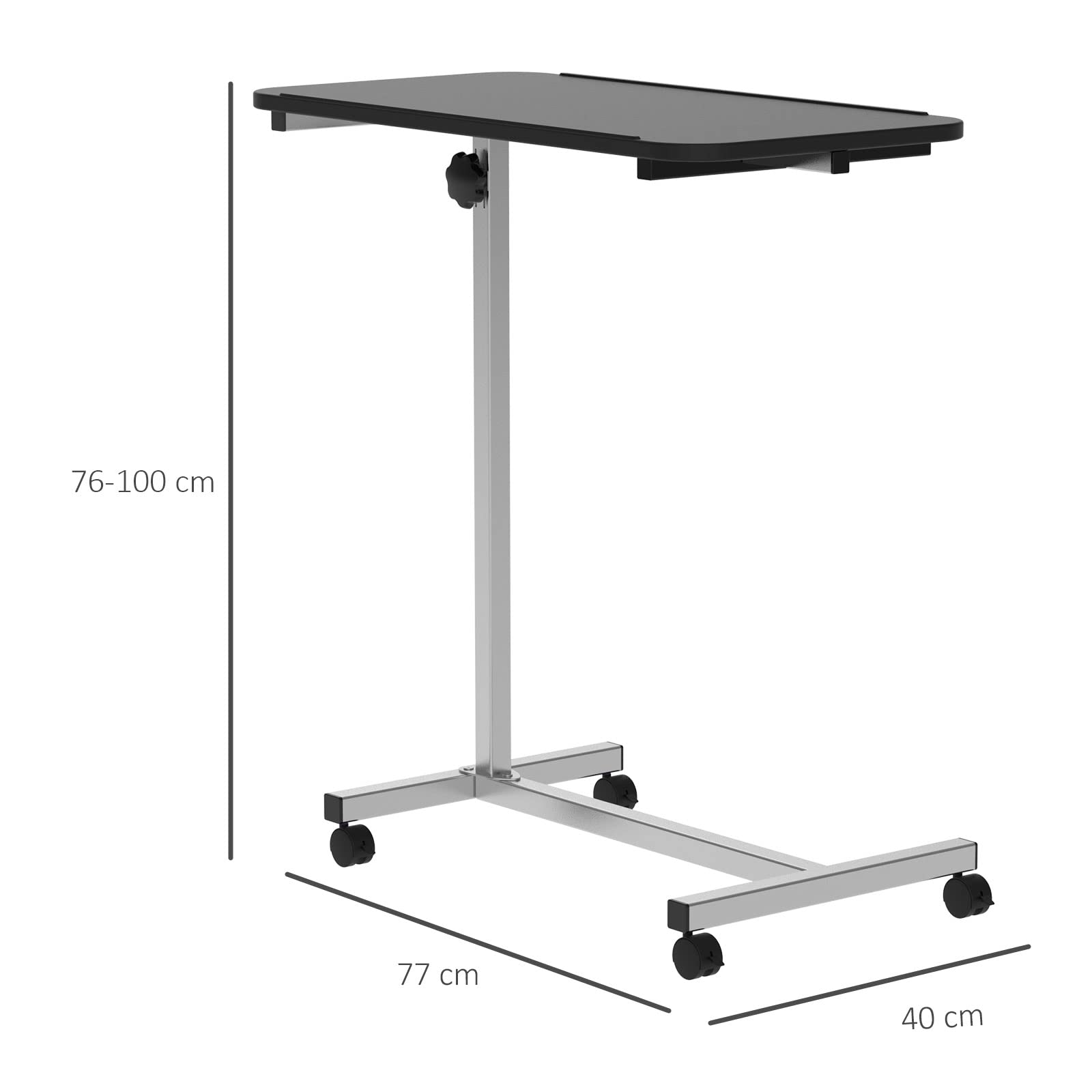 HOMCOM Tavolino con ruote, 77 x 40 x 76-100 cm, nero e argento | Tavolo per divano e letto, altezza regolabile, telaio in acciaio, per camera da letto, soggiorno, ufficio