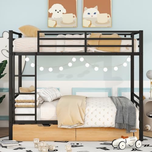 Bellemave Full Size Metal Bunk Bed with 2 Drawers, Can be Convertible to 2 Beds for Kids Teens, Black