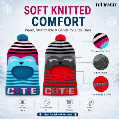 Image of Nilavan Unisex Woolen Monkey Caps for Babies (Pack of 2) | Soft Knitted Balaclava Winter Caps with Ear & Neck Coverage | Cute Face Muffler Cap for Newborn, Infants & Toddlers