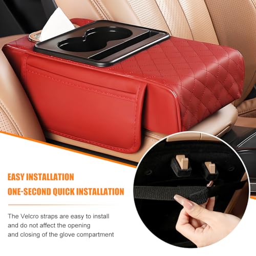 Image of Car Armrest Cushion, 5-in-1 Nappa Leather Vehicle Centre Console Cover with 2 Storage Pockets, Cup Phone & Phone Holder, Multifunctional Auto Organiser Accessories, Universal Fit (Wine Red)