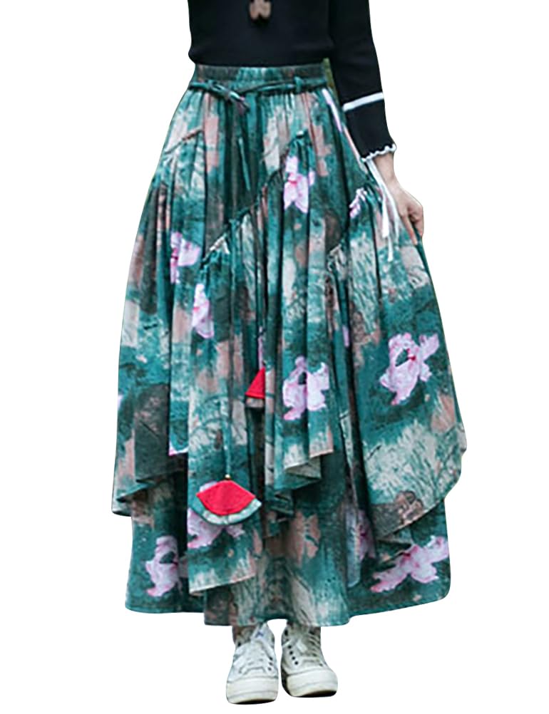IDEALSANXUN Gonna lunga da donna con elastico in vita Aline foderato in cotone retrò Maxi orlo plissettato, Stampa 120, XS