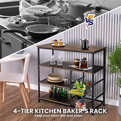 TANGZON Baker's Rack, Metal Frame Microwave Oven Stand with Wire Basket, Wheels & Hooks, Industrial Utility Storage Shelves for Kitchen Dining Room Living Room (No Wheels, No Hooks, 2 Baskets)
