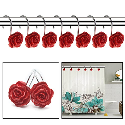 Finros 12 Pcs Home Fashion Decorative Anti Rust Shower Curtain Hooks Rose Design Shower Curtain Rings Hooks (Red) #TOP3