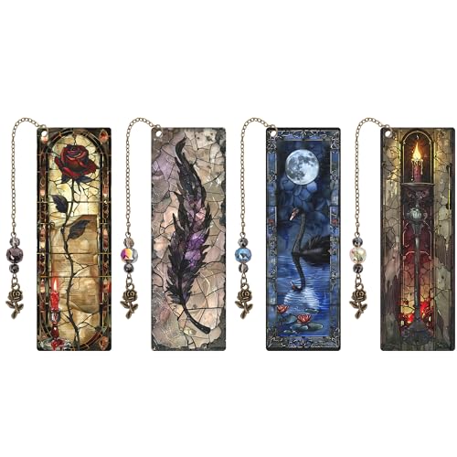Celavoy Dark Romance Bookmark Gifts - 4 Pcs Gothic Stained Glass Bookmarks for Women Book Lovers Rose Tassels Beaded Page Marks Reading Accessories Bookish Gift for Birthday Back to School Halloween