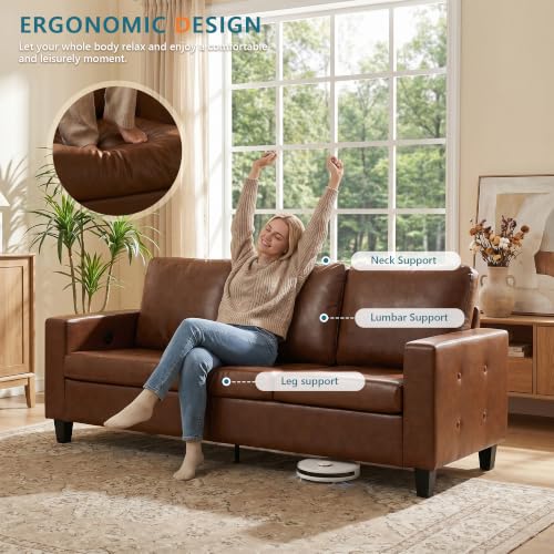 Image of STHOUYN 73 inch Brown Faux Leather Couch, Comfy 3 Seater Sofa