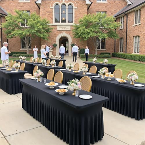 Image of 2 pk Black Spandex Tablecloth 4ft with Ruffled Table Skirt,Wrinkle Free High Stretch Fitted Tablecloths for 4 Foot Rectangle Tables, Elastic Spandex Table Covers 6ft for Parties Wedding Banquet