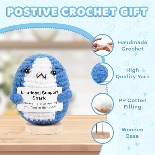 ASMPCUE Positive Hai-Geschenk, Frontkarte, kreativ, gestrickt, Wolle, positive Hai, Dekompression, Plüschtier – Happiness Gift of Courage