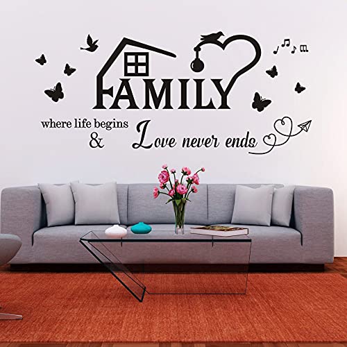Stickers muraux inspirants Art Mots Lettres Citation Famille Où la vie commence et l'amour ne se termine jamais Amovible DIY Mural Vinyle Stickers Muraux pour Salon Chambre Cuisine Cover