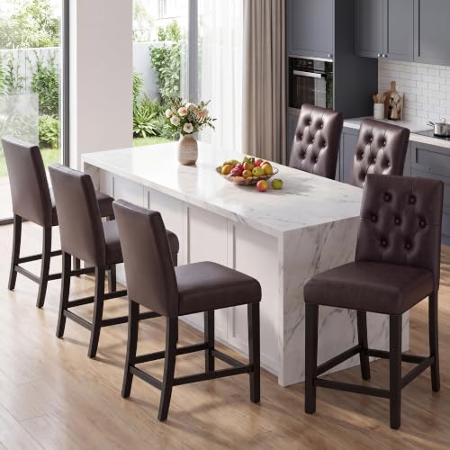 Image of MALOL Bar Stools Set of 6 Faux Leather Counter Height Bar Stools,Darkbrown