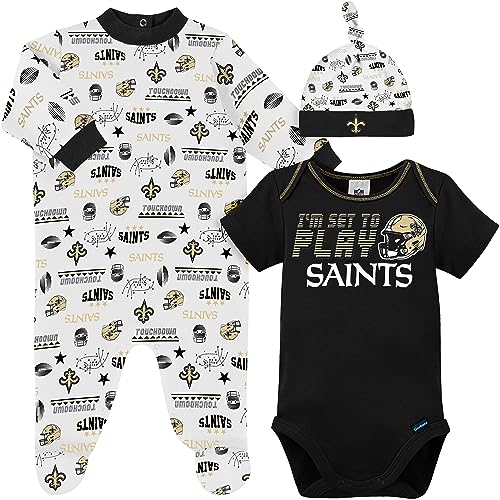 Image of Gerber NFL New Orlean Saints 3 Pack Bodysuit Sleep n Play Footie Cap Registry Gift Set, black/white New Orlean Saints, 3-6M