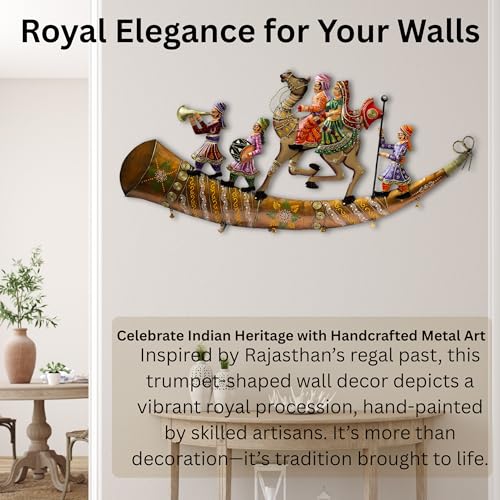 Handcrafted Rajasthani Trumpet Horn Metal Wall Decor with LED Lights – Ethnic Raja Royal Procession Showpiece for Living Room, Bedroom, Hallway (37x17 in) — photo — 8 of 9