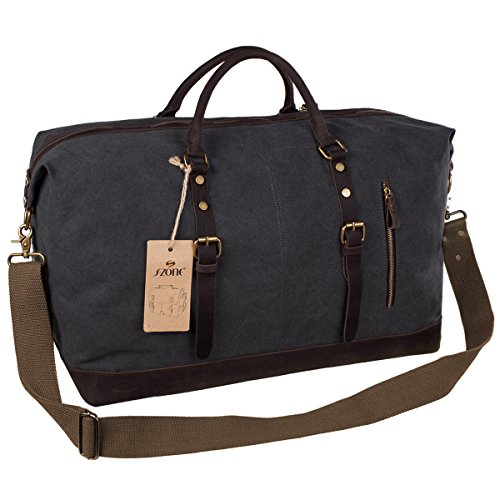 S-ZONE Oversized Leather Canvas Duffel Shoulder Weekender Mens Overnight Bag