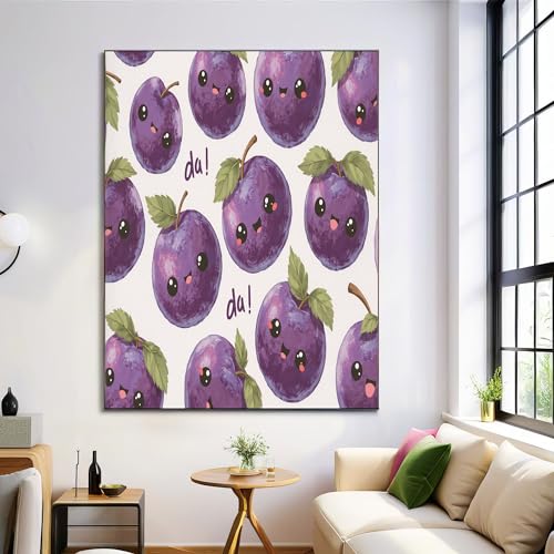 Fruit Mignon Decoration Murale, Violet Tableau Prune Amusante Poster Photo Impression sur Toile Tableau Deco Artistique Murale pour Salon, sans Cadre 40x50cm