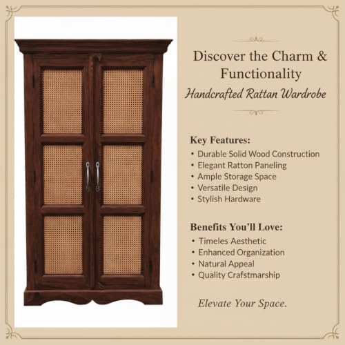 Image of APRODZ Mojo Sheesham Wood Two Door Cane Wardrobe (Sheesham Wood - Walnut)