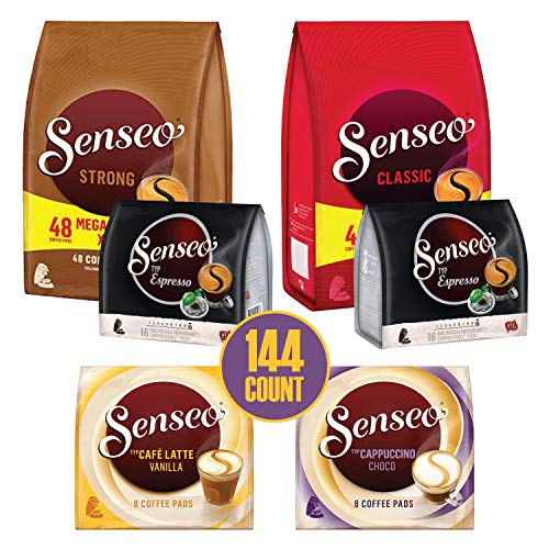 Senseo Pods Ultimate Variety Pack, Medium-Dark Roast For Coffee Lover, Classic, Strong, Espresso, Latte Vanilla And Cappucinno Choco Compostable Pads For Senseo Coffee Maker, Hot, Cold Brew, 144 Count #TOP14