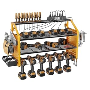LBT Power Tool Organizer with Charging Station. Patented, Drill Storage Rack Wall Mount, Heavy Duty Steel, 6 Drill Storage Shelf, 8 Hooks,2 Screw Boxes,6 Outlets Power Strip, Easy Install Drill Holder