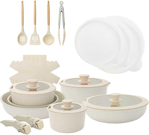 UCClife - Juego de utensilios de cocina antiadherentes de 24 piezas, sin PFOAPTFE, ollas y sartenes no tóxicos, asas desmontables, apto para horno y