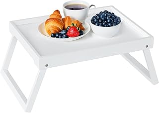 Bamboo Bed Tray Table with Folding Leg, Breakfast in Bed Tray for Eating,Kitchen Serving, Food, Sofa, Snacking or Working, Laptop Desk Dinner(1, White)