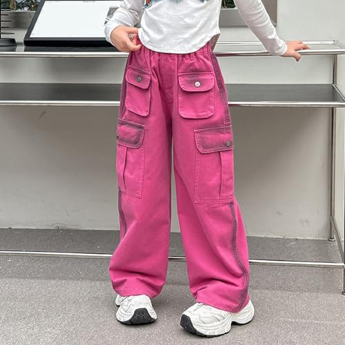 BILIKEYU Little/Big Girls Denim Cargo Pants High Waist Front Multi Pockets Baggy Wide Leg Streetwear Jeans 4 to2