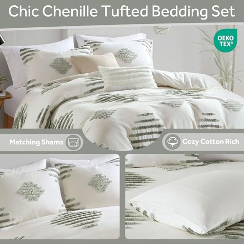 Image of Ink+Ivy Duvet Cover Set Chenille Tufted Geometric Duvet Cover for Queen Size Bed, All Season, Soft & Lightweight Cotton Rich Queen Bedding Cover & Shams, Tahli, Full /Queen Green /Ivory 3 Piece