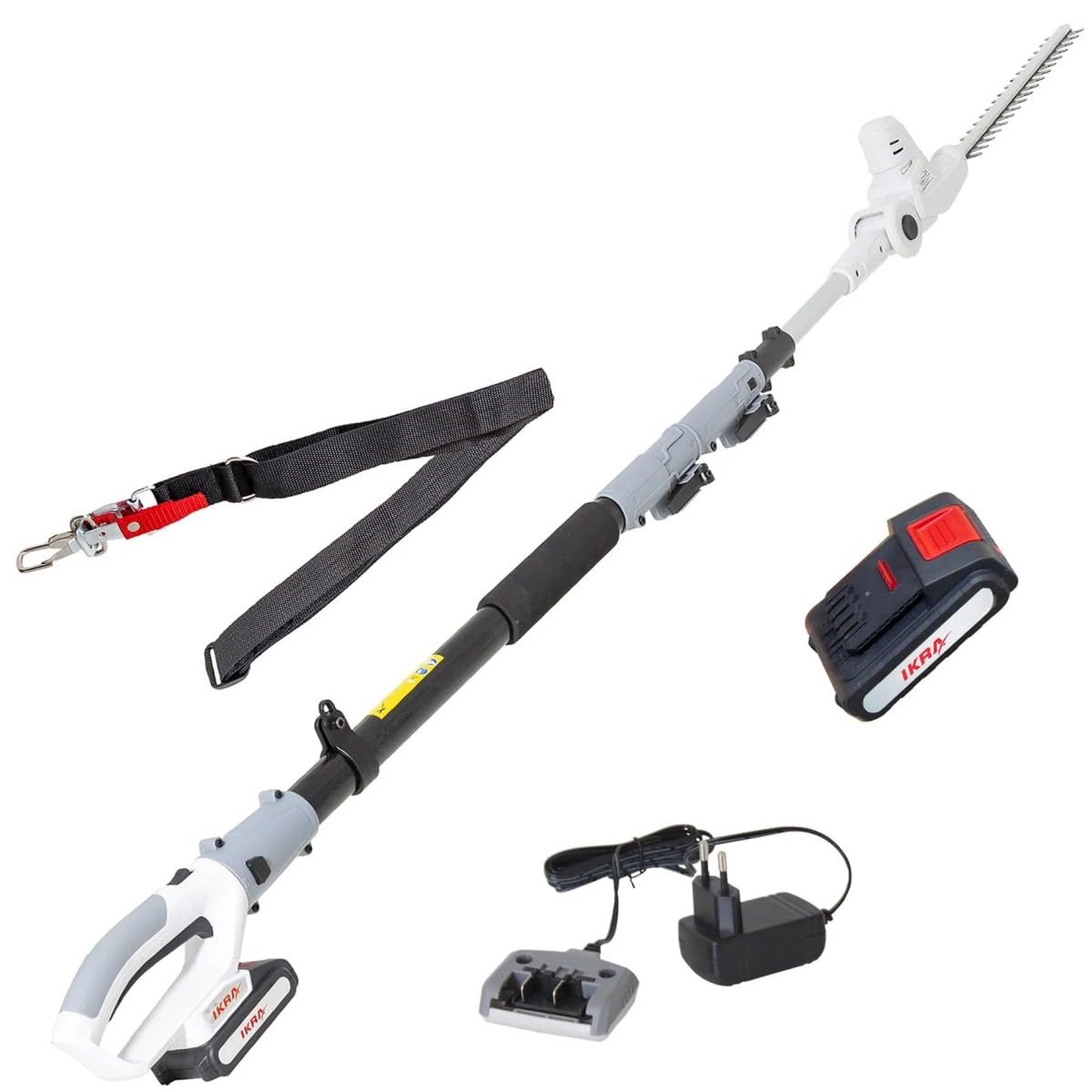 Ikra - Tamaño de seto inalámbrico, 20 V, hoja de 40 cm, batería de litio de 2,0 Ah + cargador de 20 V, palo telescópico hasta 4 m