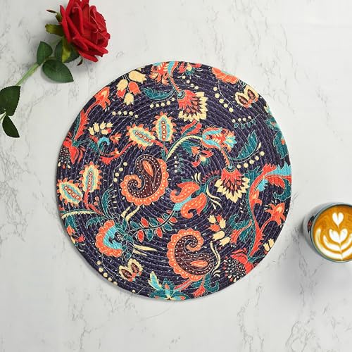 Image of LaVichitra Cotton Table Placemat | Dining Table Mat | Bed Side Table Mat | Cotton Round Shape Placemats | Washable PlaceMat for Shelves & Plant Pots - Pack of 4, Fusion Art