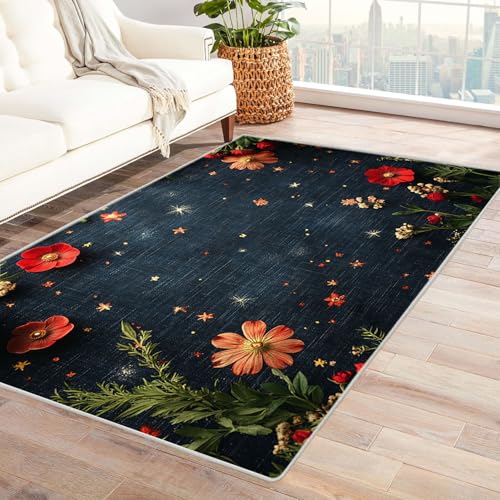 Tapis lavable poils ras bleu style bohème et géométrique - 2