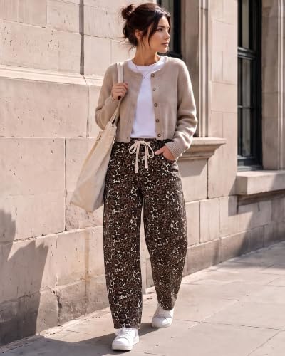 Utyful Barrel Jeans Women Elastic Waist Pull On Baggy Jeans Leopard Pants - image 3