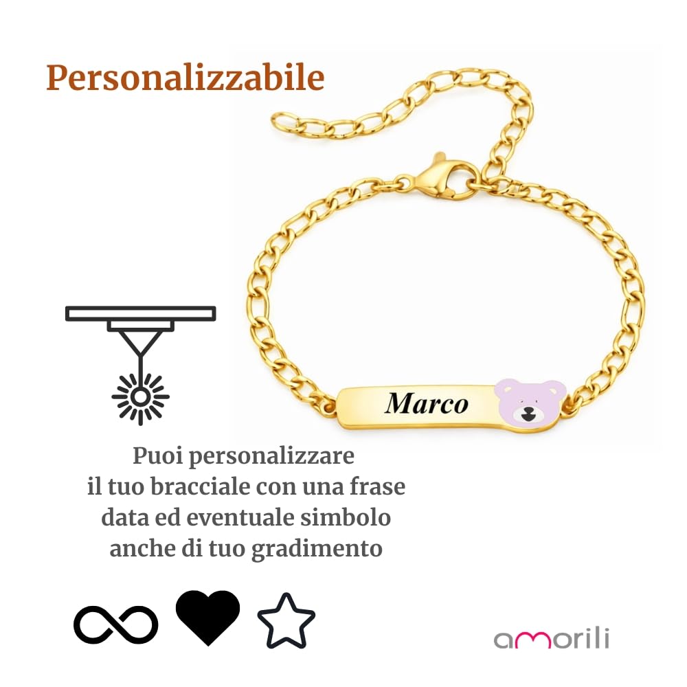 Bracciale Bimbo Bimba Personalizzato Personalizzabile con Incisione Nome in Acciaio Inox Dorato – Ciondolo Orsetto Smaltato – Braccialetto Bambino Bambina Regolabile – Idea Regalo