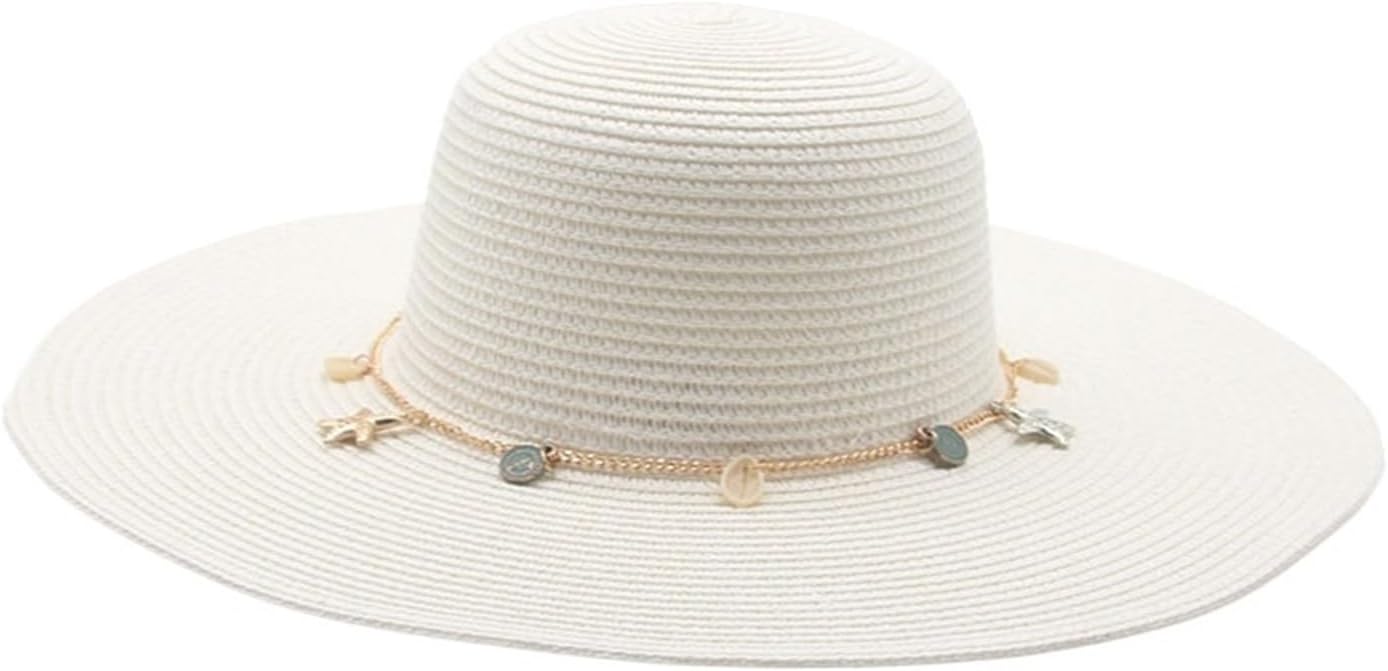 Women's Summer Straw Hat – Wide Brim Solid Color with Decorative Belt and Chain, Round Crown for Beach and Outdoor Wear