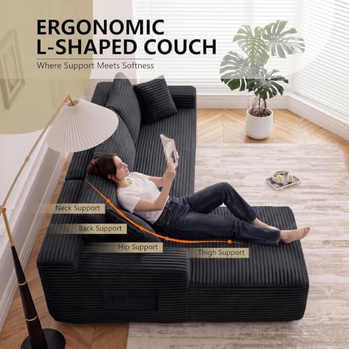 Image of 94.5 inch L Shaped Boneless Sectional Corduroy Couches for Living Room (Black)